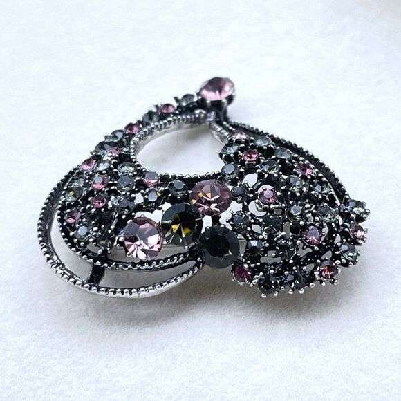 Gunmetal Gray with Pink Morganite and Olivine Crystal Heart Pin Back Brooch - Picture 5 of 8